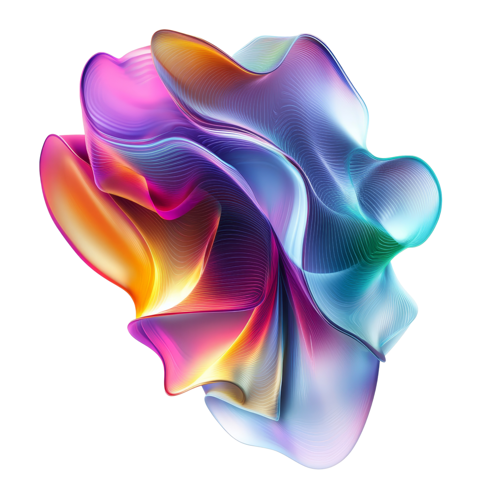 Captivating multicolored abstract wave with iridescent textures flowing elegantly in a dynamic formation, multicolored flowing abstract iridescent wave solid shape isolated transparent background png