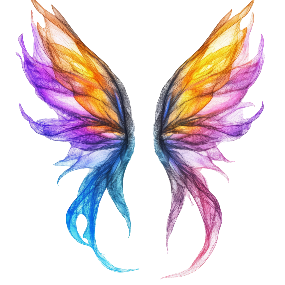 Vibrant fairy wings with a colorful gradient design isolated on a transparent background, Fairy Wings with Vibrant Color Gradient, Isolated on transparent background png