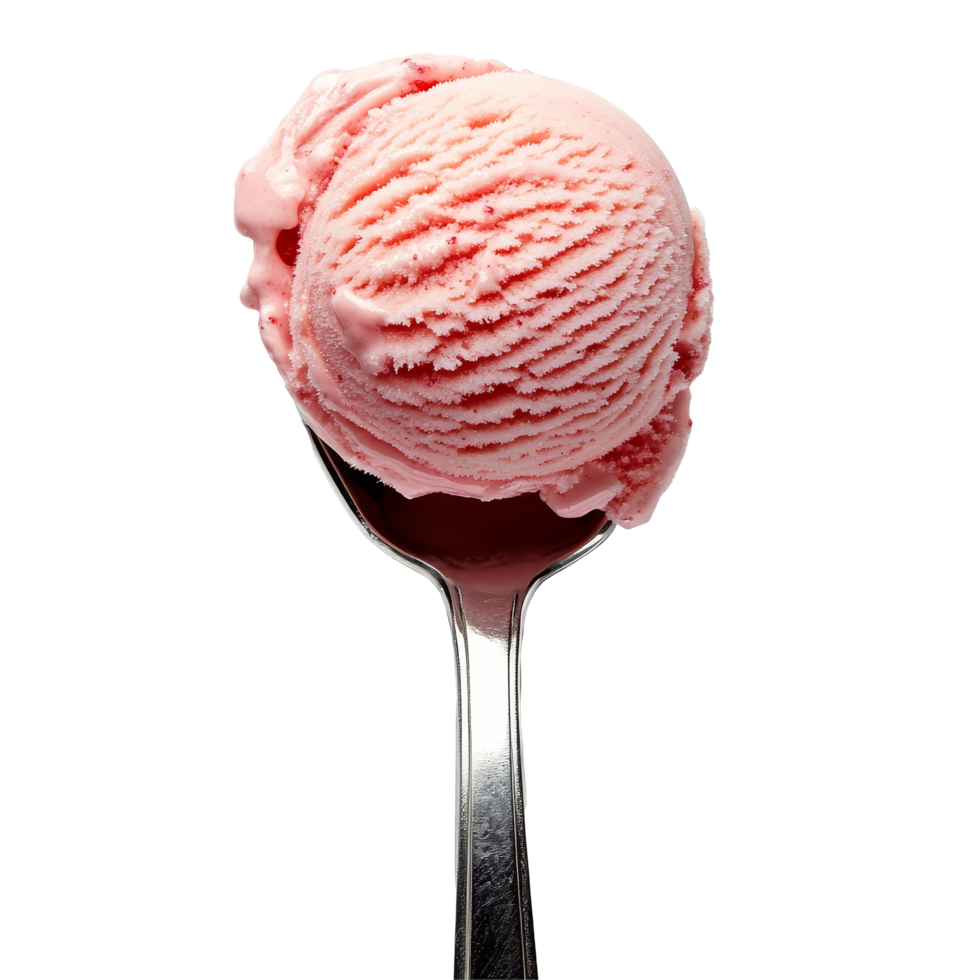 Delicious pink ice cream scoop resting on a silver spoon against a clean transparent background, ice cream scoop on transparent backgroundfile png