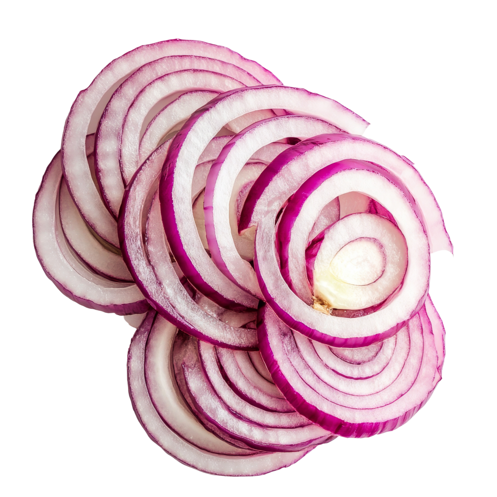 Freshly sliced red onion on a transparent background showcasing its vibrant color and layered structure, sliced onion on transparent background png