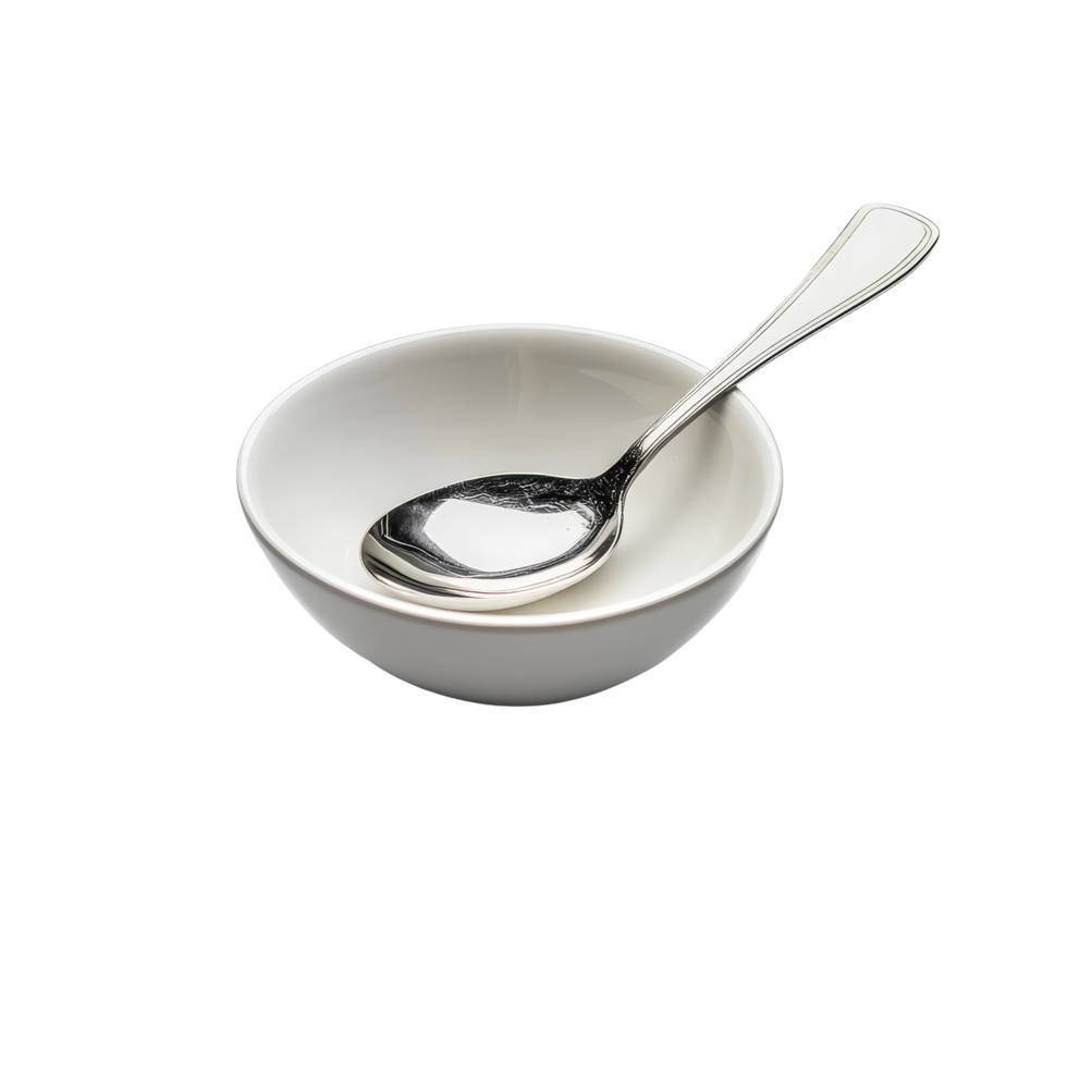 Simple transparent bowl with a metal spoon resting atop it against a clean transparent background, bowl spoon on transparent background png