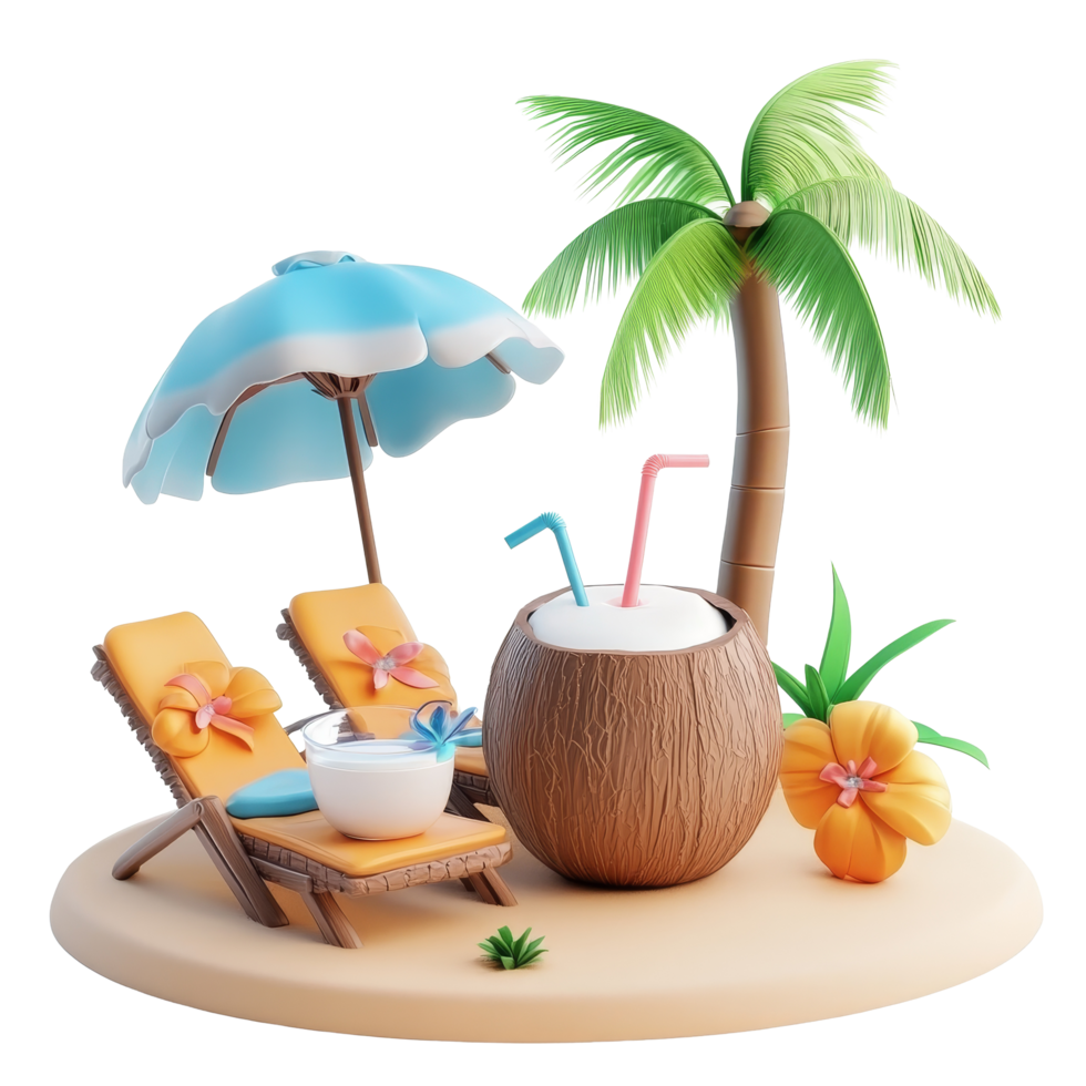 Relaxing tropical beach setup with coconut drinks and lounge chairs under a sunny sky, 3D Cartoon Tropical Relaxation Scene with Coconut Drink On transparent background png