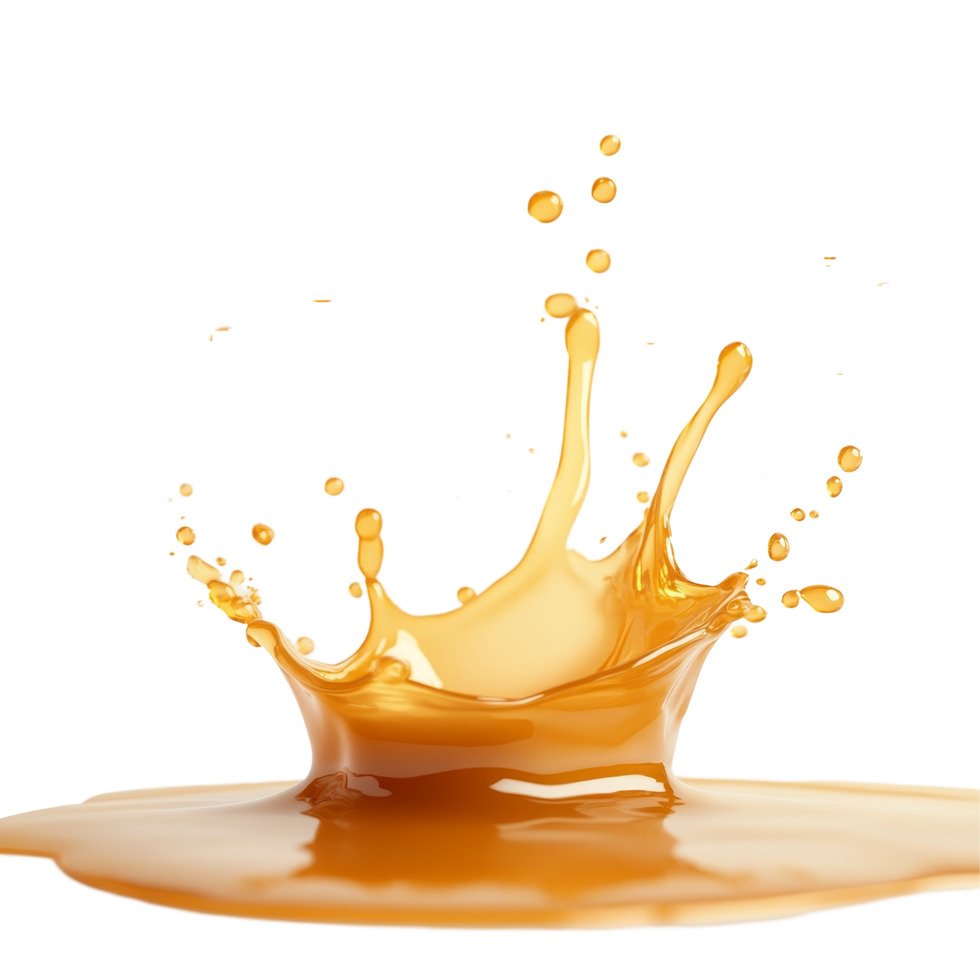 Golden caramel splash against a clean transparent background showcasing an appetizing dessert ingredient, Golden Caramel Splash isolated on transparent background png