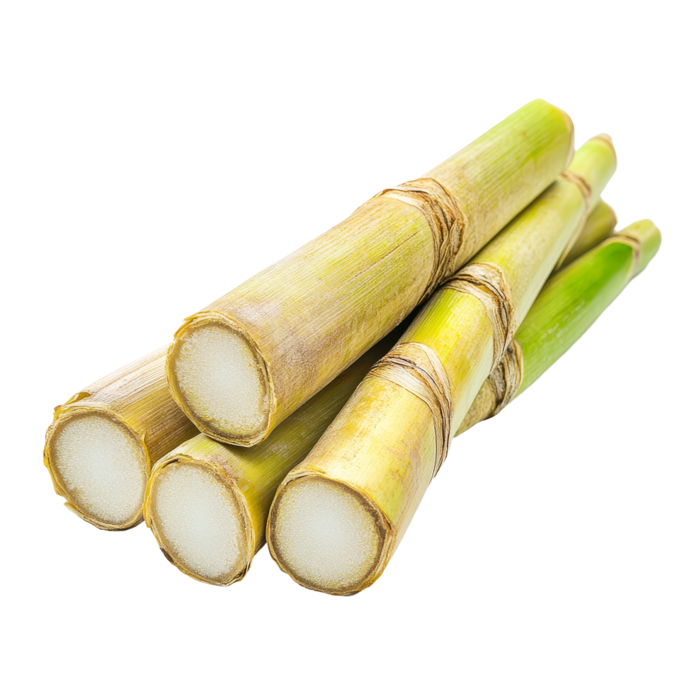 Freshly harvested sugar cane arranged on a clean transparent surface highlighting its natural texture and color, sugar cane on transparent background png
