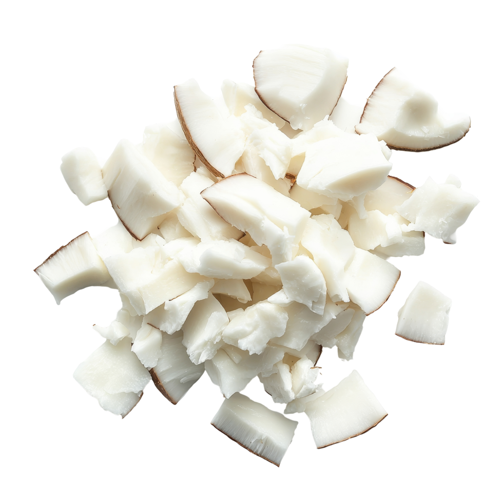Fresh coconut pieces arranged on a clean transparent background, showcasing their natural texture and color with simplicity and elegance, Coconut pieces isolated on transparent background png