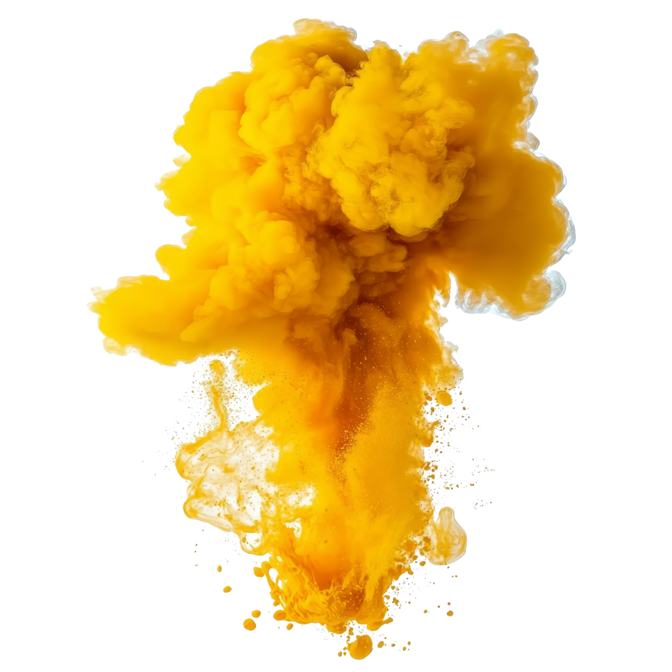Dynamic yellow paint splash explosion creating a vibrant smoke cloud in a creative art setting, yellow paint splash explosion smoke cloud isolated on transparent background png