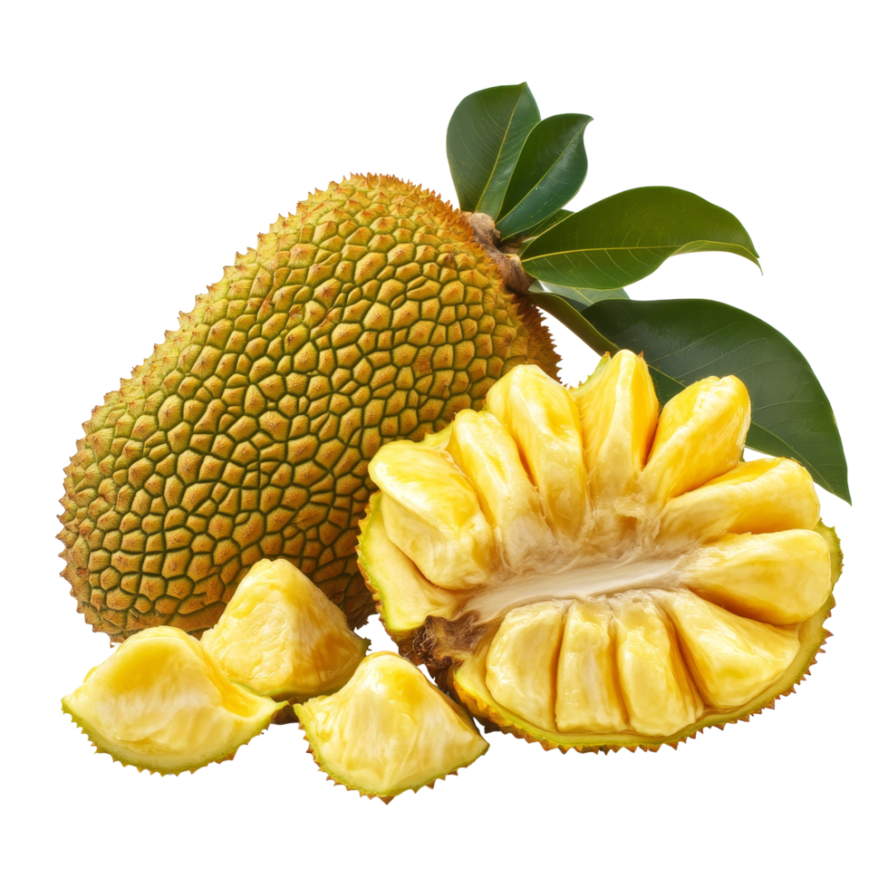 Fresh jackfruit displayed on a transparent background showcasing its textured skin and vibrant yellow pulp sections, Ripe Jackfruit isolated on transparent background png