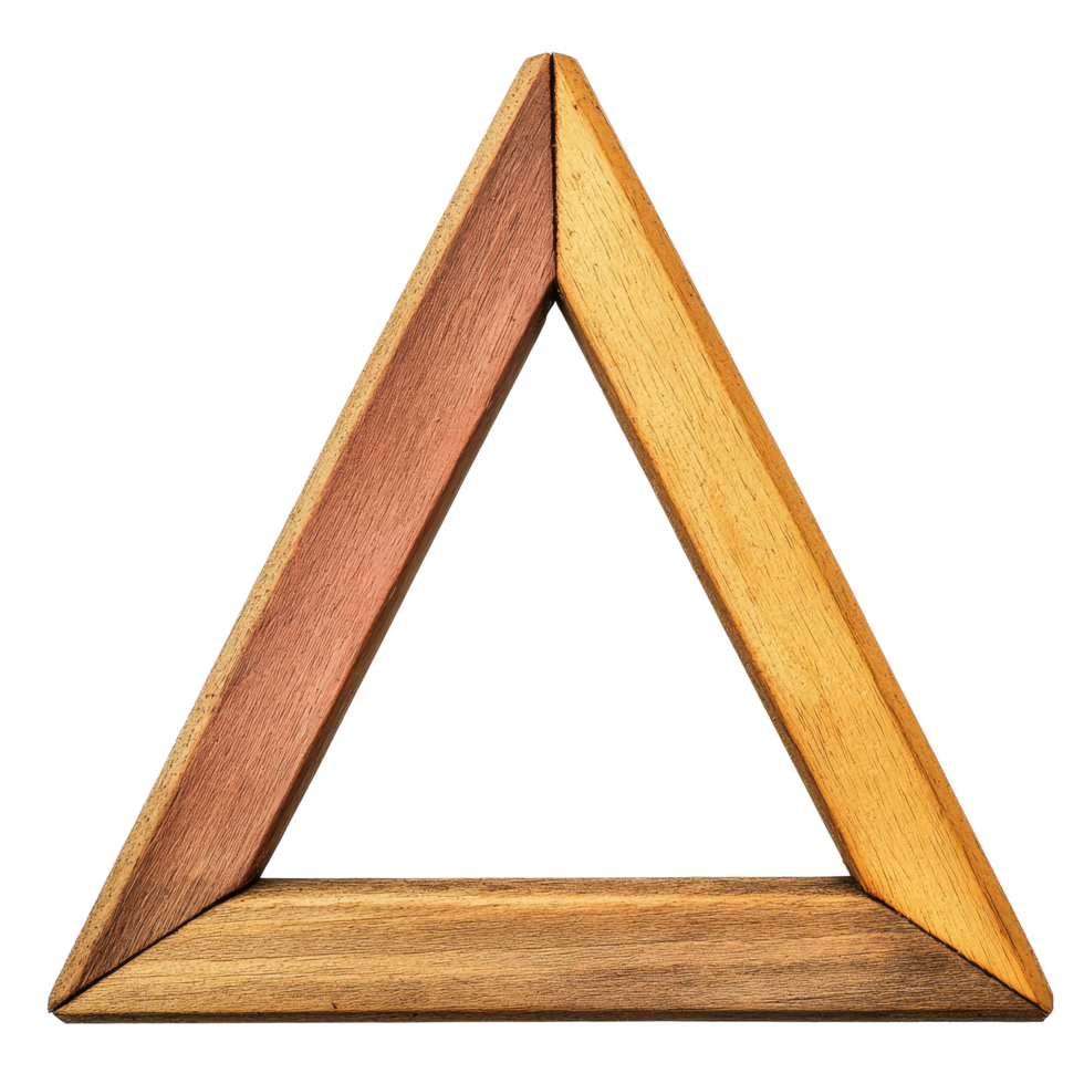 Wooden triangular shape displayed against a clean transparent background for art and design inspiration, wooden in shape triangle on transparent backgroundfile png