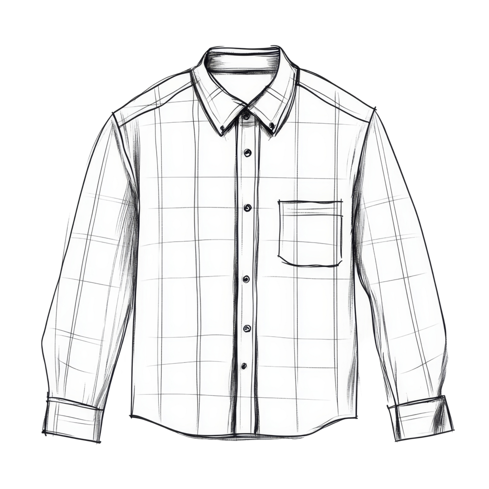 A simple oneline drawing of a classic buttonup shirt with a pocket and checkered pattern, one line draw of a typical shirt Stock png