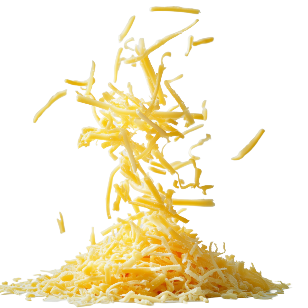 Falling grated cheese creating a fluffy textured pile on a pristine transparent background, Falling grated cheese on transparent background png