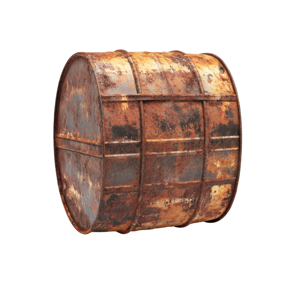 An old rusty oil barrel standing alone against a clean transparent background, showcasing its weathered texture and colors, old rusty oil barrel isolated on transparent background png