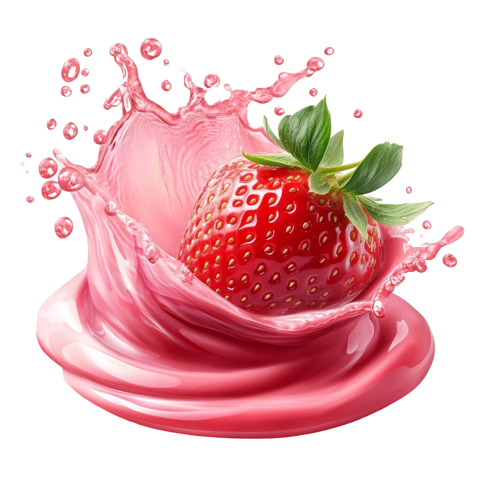 Fresh strawberry surrounded by a spiral splash of juicy liquid on a clean backdrop, Fresh strawberry with spiral splash juice png