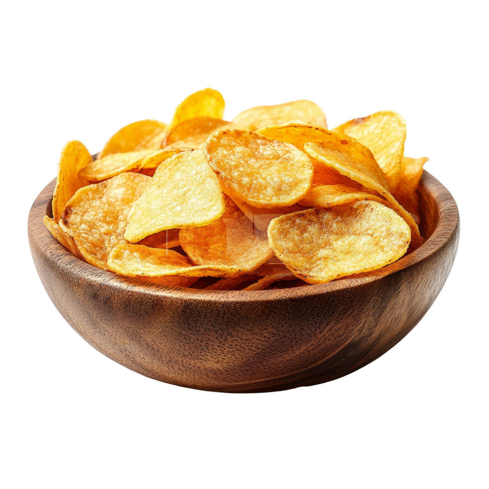 A bowl filled with crispy potato chips on a transparent background perfect for snacking or entertaining friends, Potato chips isolated png