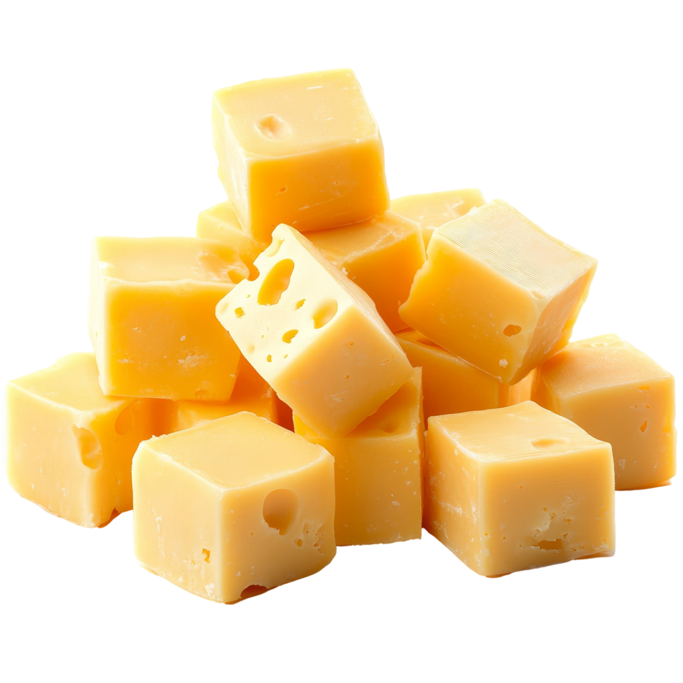 Assorted cheese cubes arranged in an appealing stack on a transparent background, perfect for snacking or party platters, Cheese cubes isolated Stock Photo png