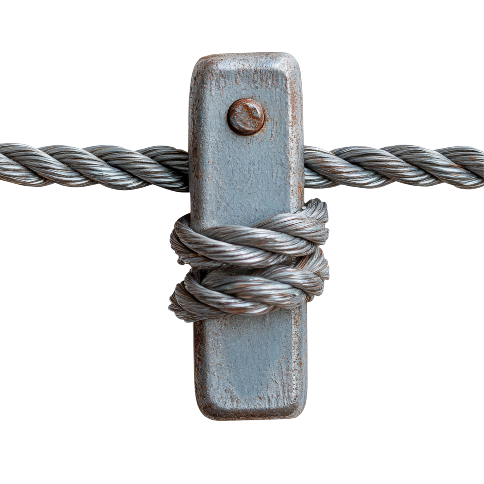 Detailed view of a wire rope locking mechanism secured with a password cable against a plain transparent background, Wire rope locking password cable on transparent backgroundfile png