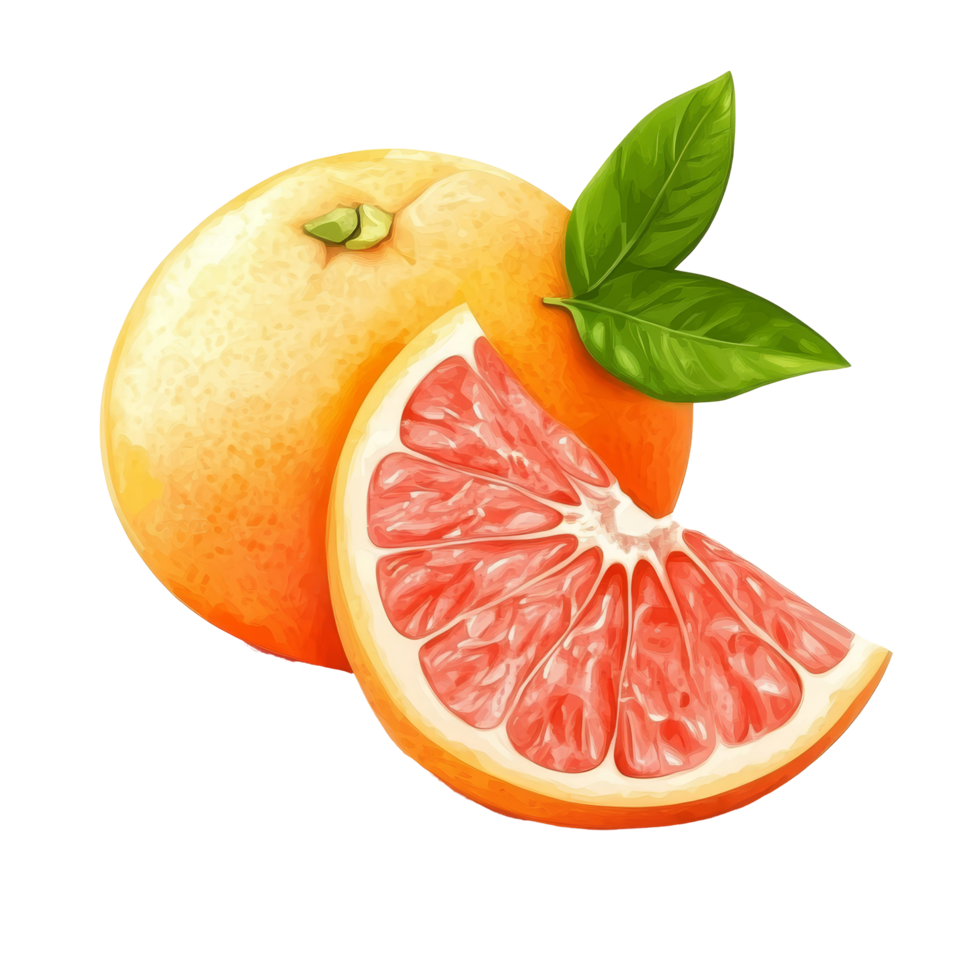 Fresh grapefruit with a slice and green leaves displayed on a clean transparent background, Grapefruit with slice isolated on transparent background png