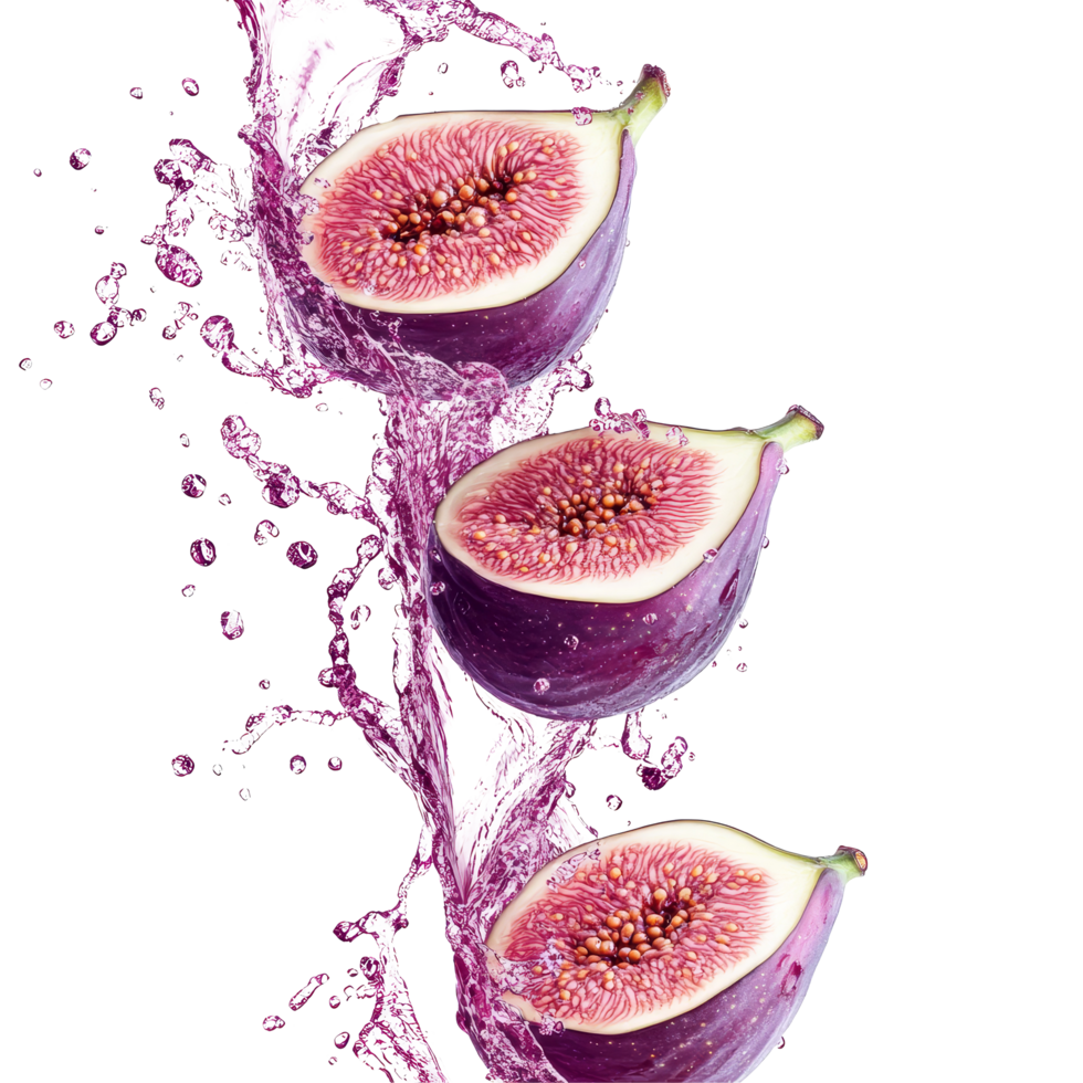 Fresh organic figs splashing with juice on a pristine transparent background, Fresh organic fig vine with juice splash on transparent background. Fig vine transparent background png