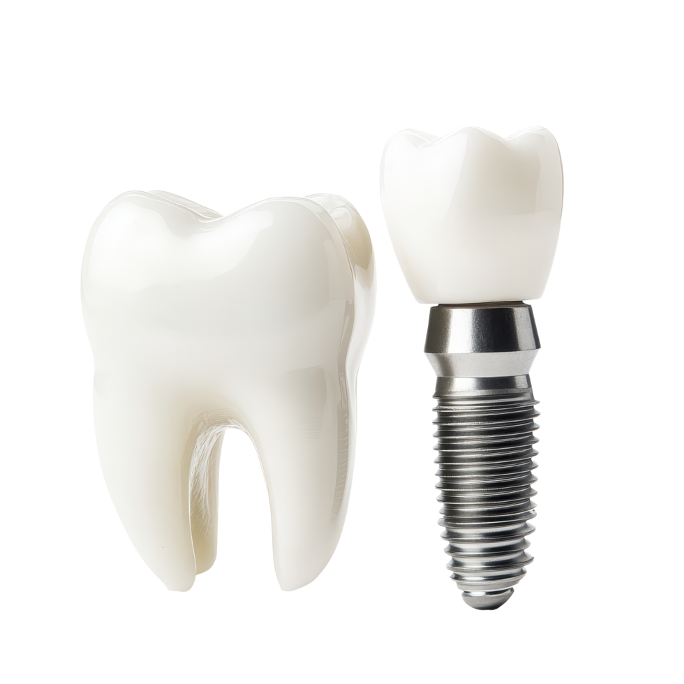 Dental implant and tooth model demonstrating effective tooth replacement on a clean transparent background, transparent teeth and dental implant Isolated on transparent background png
