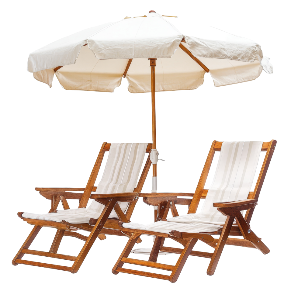 Two beach chairs with a large umbrella on a transparent background perfect for summer relaxation, Beach Chair umbrella chair furniture on transparent background cutouts png
