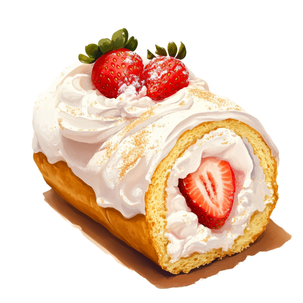 Delicious meringue roll filled with fresh cream and strawberries on a light background, Slice of meringue roll with cream and strawberry png