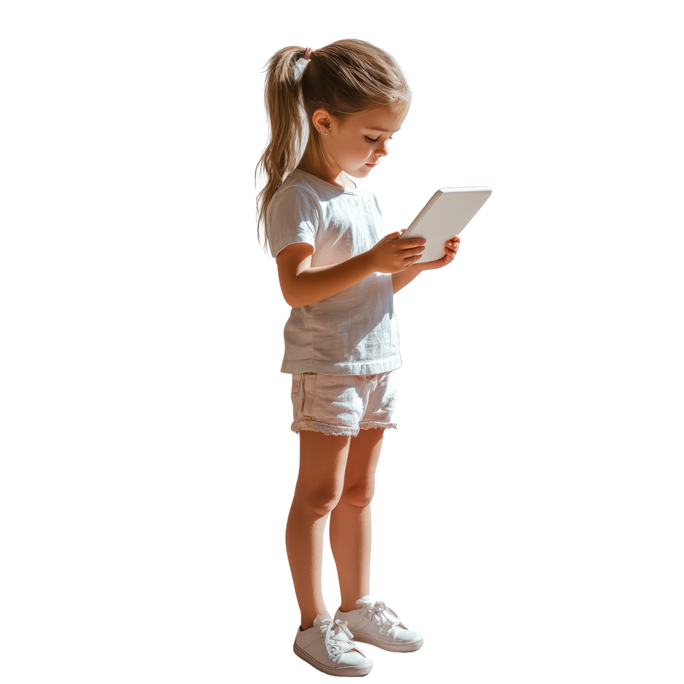 Young girl engaged with a tablet in a bright, isolated setting during the day in casual clothing, kid girl using tablet, file of isolated object with shadow on transparent background png