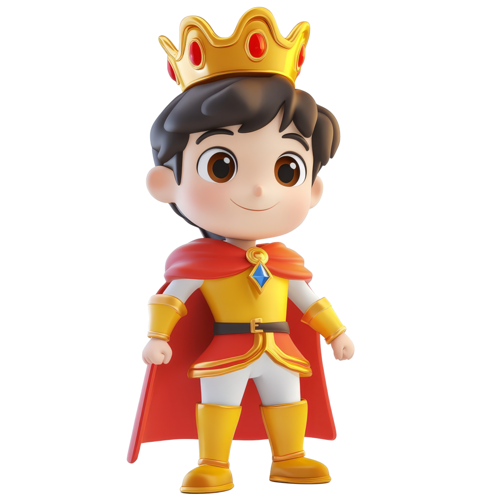 Charming cartoon prince character in royal attire with a golden crown on a transparent background, 3D Cartoon Prince Characters on transparent background png