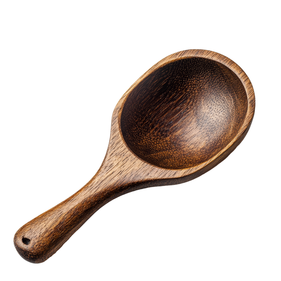 Isolated wooden scoop for cooking seasoning with a smooth finish and ergonomic handle, Isolated wooden cooking seasoning scoop png