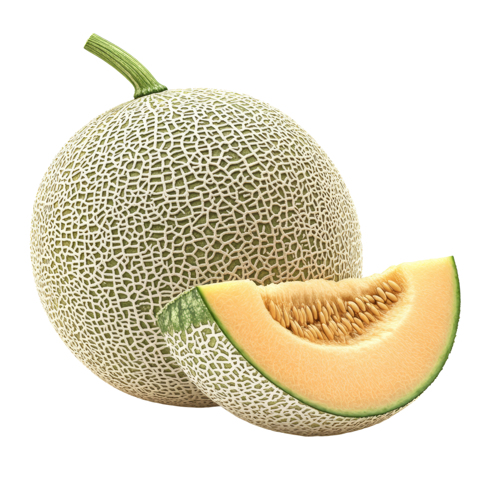 Fresh cantaloupe with seeds sliced and presented on a transparent background ready for summer recipes and healthy snacks, melons or cantaloupe with seeds isolated on transparent background png