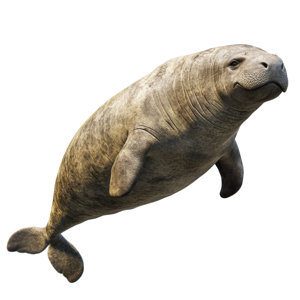 A lone sea cow gracefully swims in an isolated transparent background environment, a sea cow isolated on transparent background png