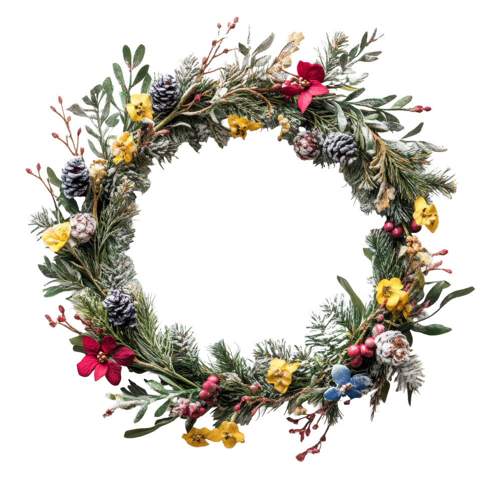 Elegant Christmas wreath adorned with fir branches and vibrant flowers arranged on a soft transparent background, Christmas wreath with fir branches and flowers on transparent background png