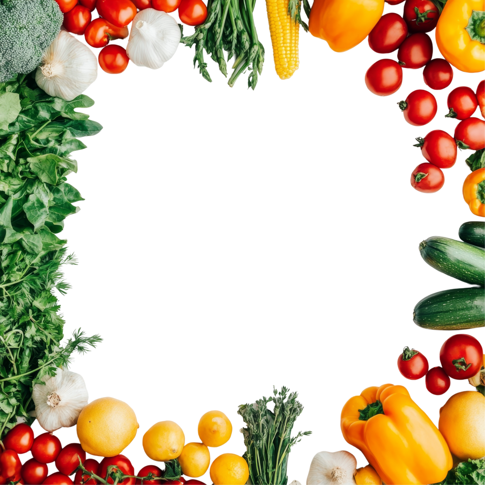 A vibrant arrangement of fresh groceries creating a colorful frame with empty space for your recipes or menus, Frame made of of fresh groceries and copy space png
