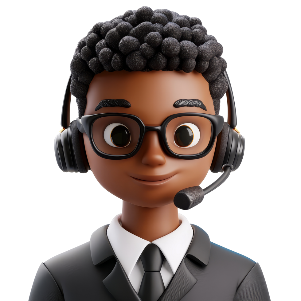 A friendly black male call center character engaged in customer support activities, 3D Black male call center character on transparent background png