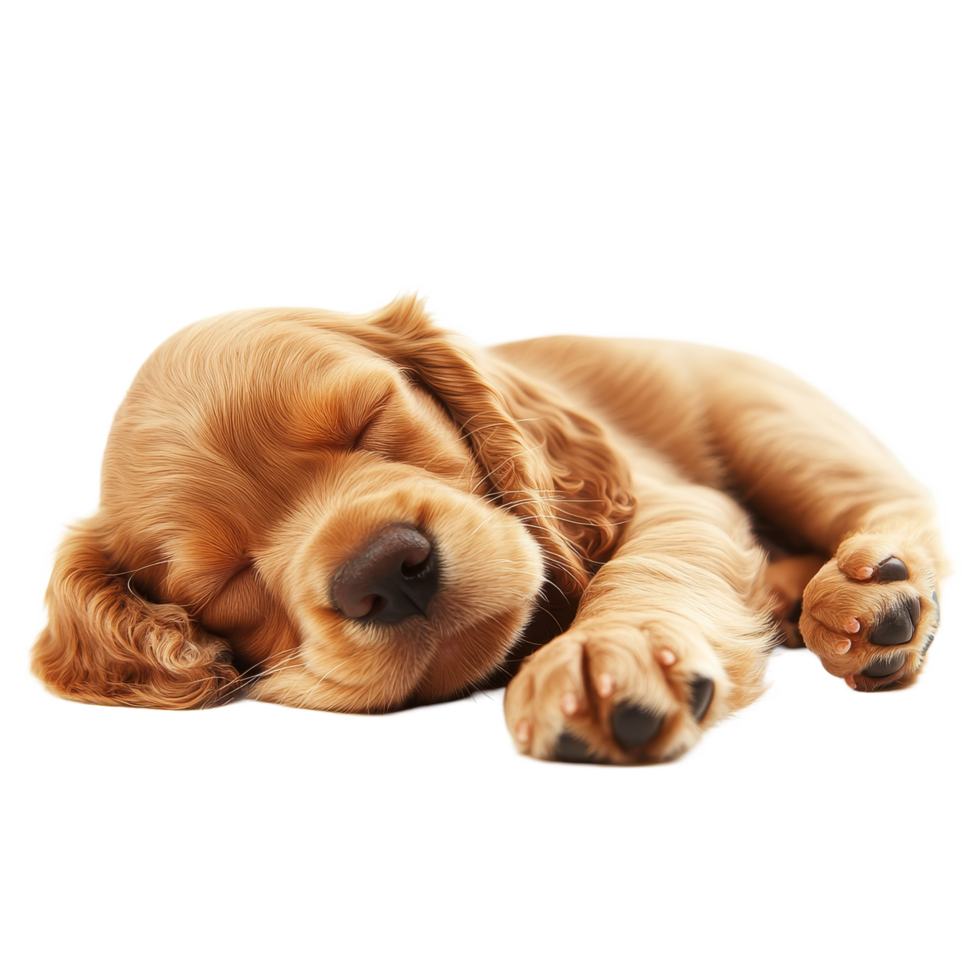 A happy English Cocker Spaniel puppy peacefully sleeping on a soft surface in a welllit space, Happy English Cocker Spaniel Puppy Dog sleeping Isolated On transparent background png