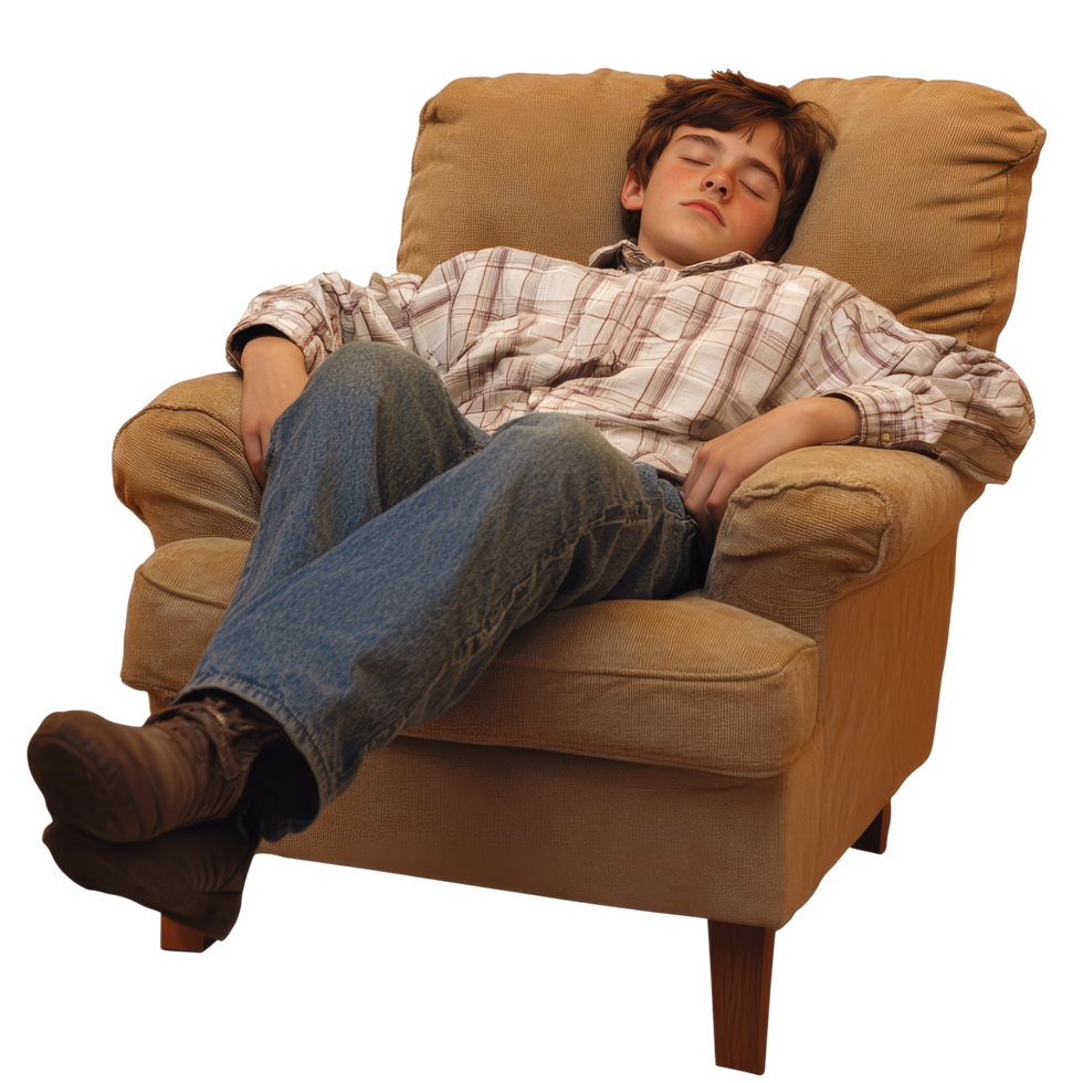 A young teenager peacefully sleeping in a chair while resting in a cozy room during the afternoon, Young teenager sitting on a chair and sleeping file no background png