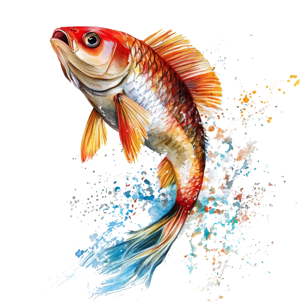 A dynamic fish leaps gracefully against a transparent background, showcasing vibrant colors and splashes of water, Dynamic Fish Leap transparent background png