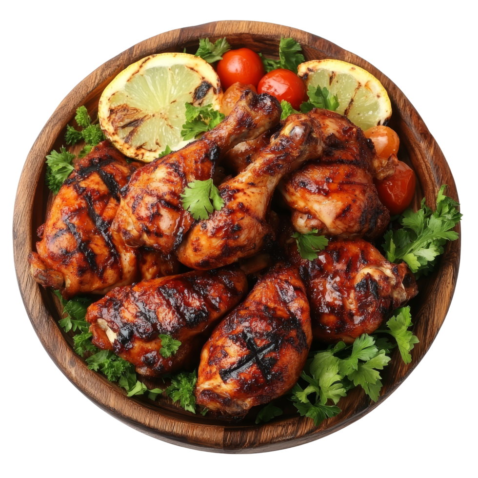 Deliciously grilled chicken served on a wooden plate with fresh herbs and lime, perfect for a summer meal, delicious grilled chicken on wooden plate on transparent background png