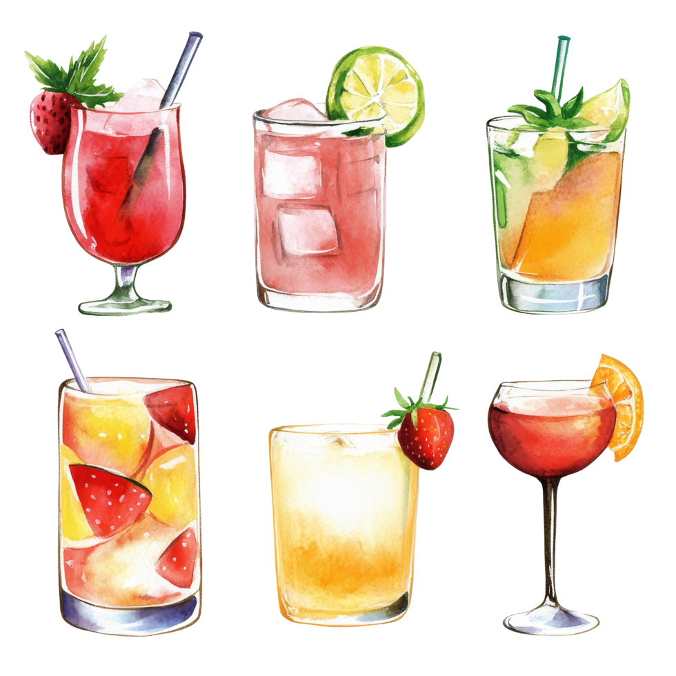 Refreshing watercolor summer drinks collection with vibrant flavors on a clean transparent background, Four summer drinks on transparent background png