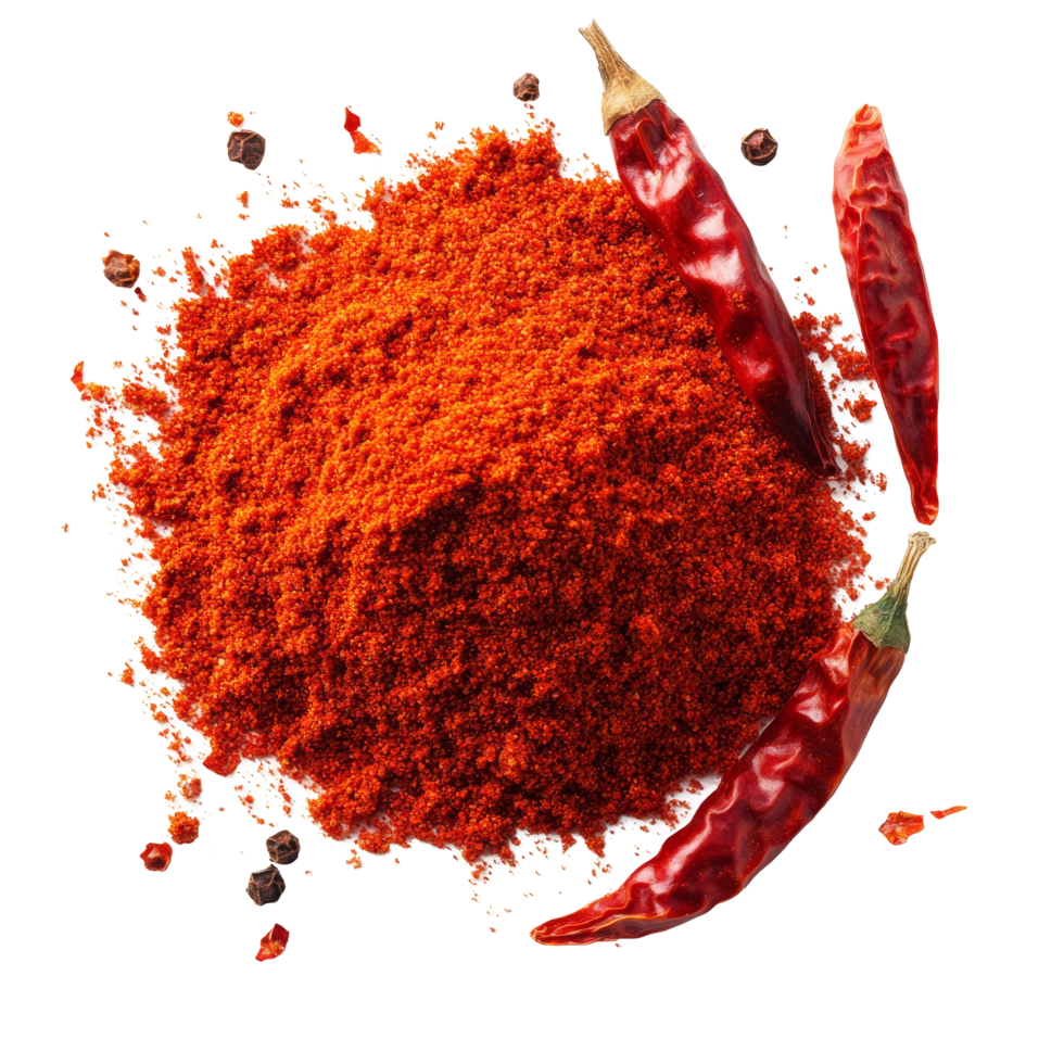 Bright red chili powder with dried chilies scattered on a transparent background, emphasizing vibrant color and texture, red chili powder isolated on transparent background png