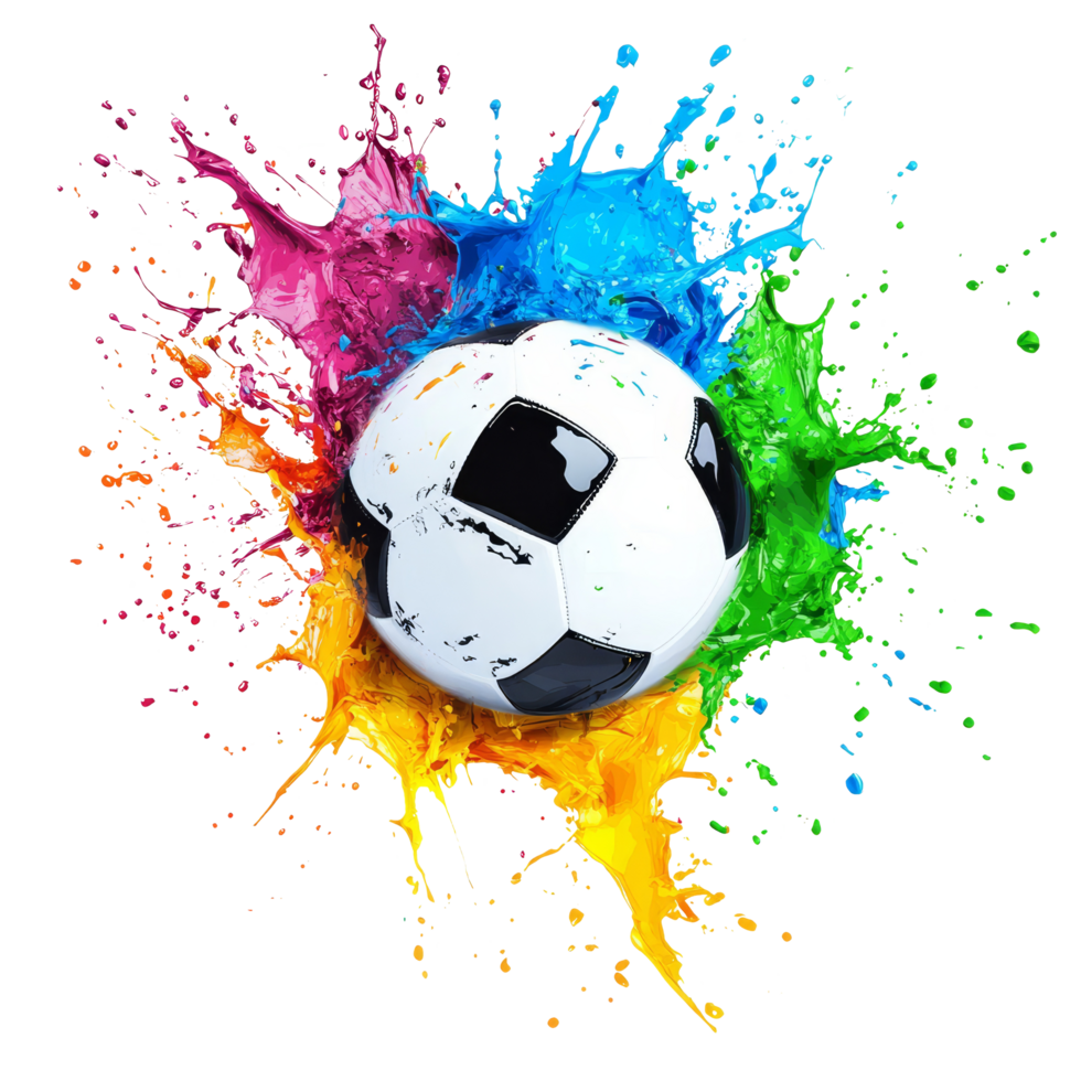 A soccer ball splashes into a vibrant pool of colorful paint in an eyecatching display of creativity, soccer ball splashing into color paintisolated on transparent background png