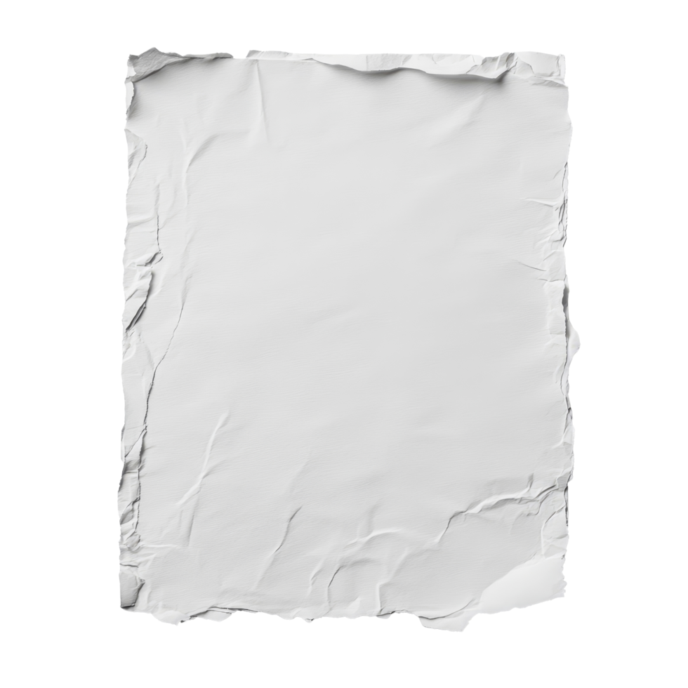 Crumpled blank transparent sheet of paper lies flat on a plain transparent background with soft shadows, blank transparent sheet of paper on transparent backgroundfile png