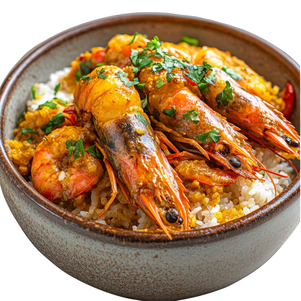 Bowl of aromatic curry rice topped with succulent langoustines and fresh herbs served in a rustic setting, Isolated bowl of curry rice with langoustines png