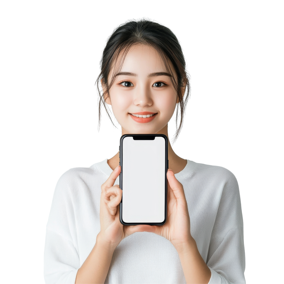 Young Asian woman happily displaying mobile screen in a bright indoor setting during the day, Attractive Young Asian woman showing screen of mobile smartphone png