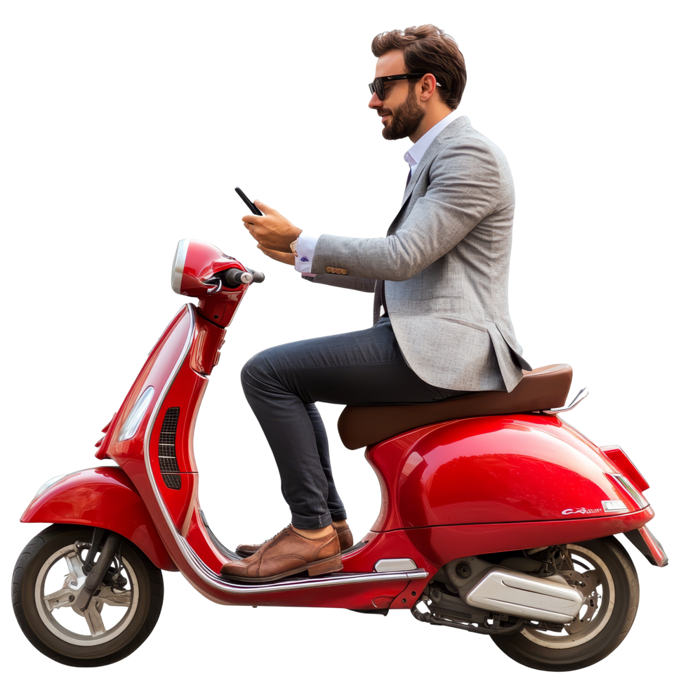Businessman in a suit using a smartphone while riding a stylish red scooter on a sunny day, file no background Businessman riding a scooter and using his smartphone png