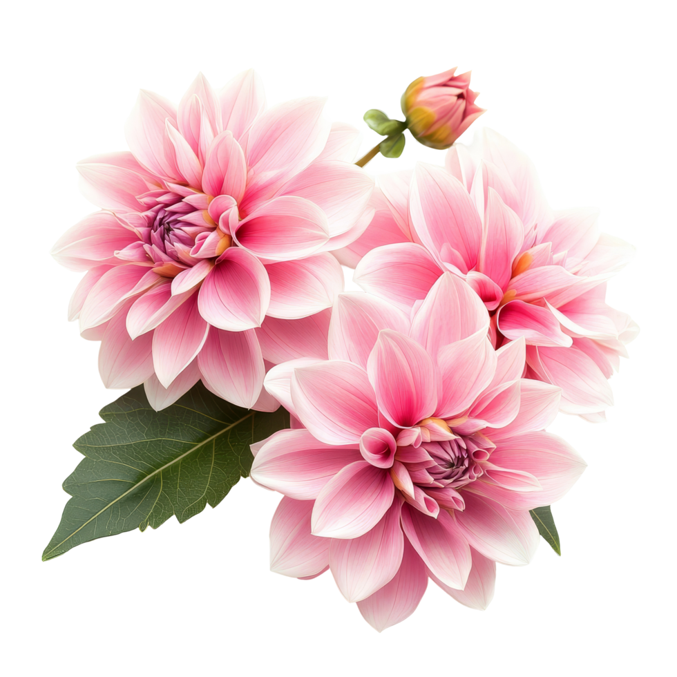 Dahlia flowers in soft pink hues arranged thoughtfully on a transparent background capturing their delicate beauty and intricate petals, Dahlia flowers isolated on transparent background cutout png