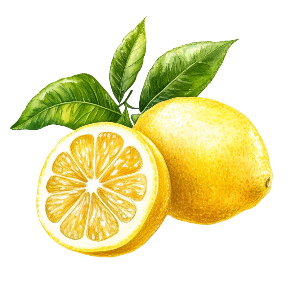 Fresh organic lemons with vibrant green leaves ready for culinary use in a sunny, natural setting, Fresh organic two lemon fruits with leaves illustration transparent background png