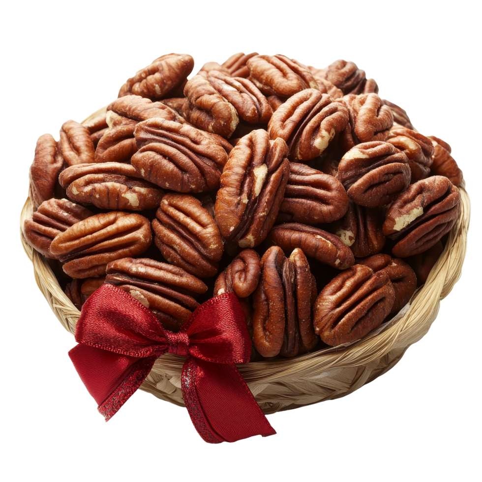 Freshly harvested pecans in a woven basket with a red ribbon on a clean transparent background, Fresh pecans in a bow lon a transparent background png