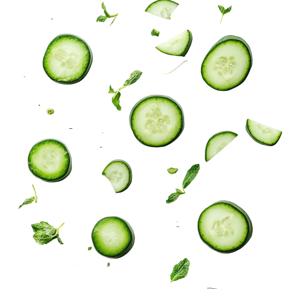 Freshly cut green cucumber slices arranged on a clean transparent background with scattered mint leaves enhancing the presentation, cut green cucumber on transparent background png