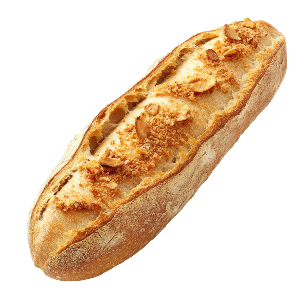 Freshly baked baguette with crispy crumbs isolated on a transparent background, Fresh Baguette with Crispy Crumbs Isolated isolated on transparent background png