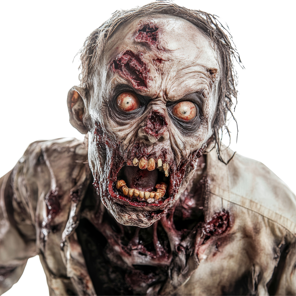 Scary zombie figure with grotesque features on a clean transparent background, ideal for Halloween or horror themes, Scary Zombie isolated on transparent background png