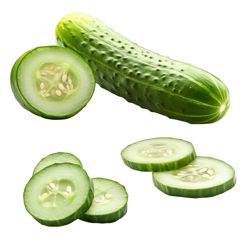 Fresh cucumber with slices displayed on a transparent background, showcasing vibrant green color and refreshing texture ideal for salads, Cucumber and slices isolated on transparent background png